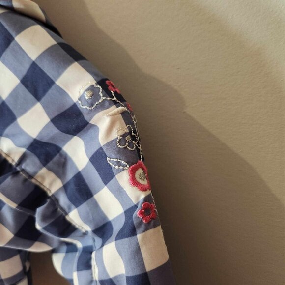 London Fog 4T blue plaid ruffled flowered raincoat with pink interior - Picture 4 of 5